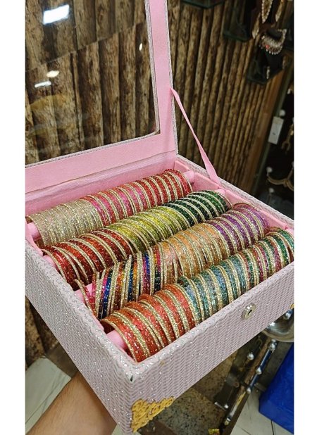 New Fancy Rain Drop Glass Bangles Set With Shadow Stone Combo Box